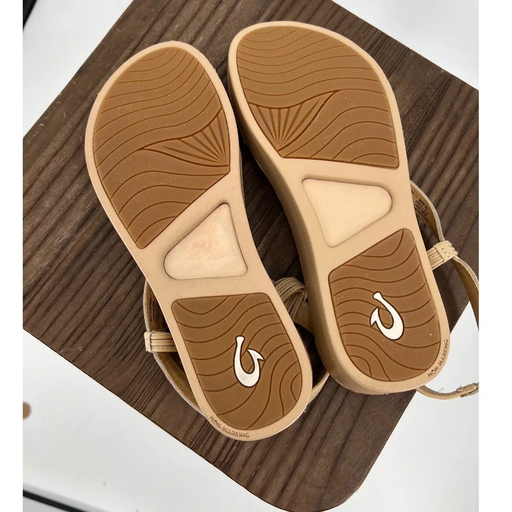 OluKai Onohi Strappy Leather Platform Sandals Beige Tan 20529-BVBV Womens 7